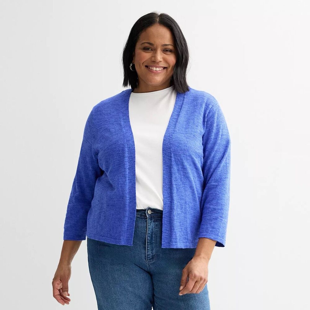Croft & Barrow Cardigan Plus Size 0X Blue 3/4 Sleeve Open Front Crop